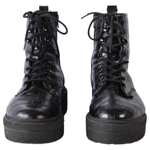 Black Faux Leather Croc Combat Boots – Platform Lace-Up – Size 7 Extra Wide - Picture 2 of 9